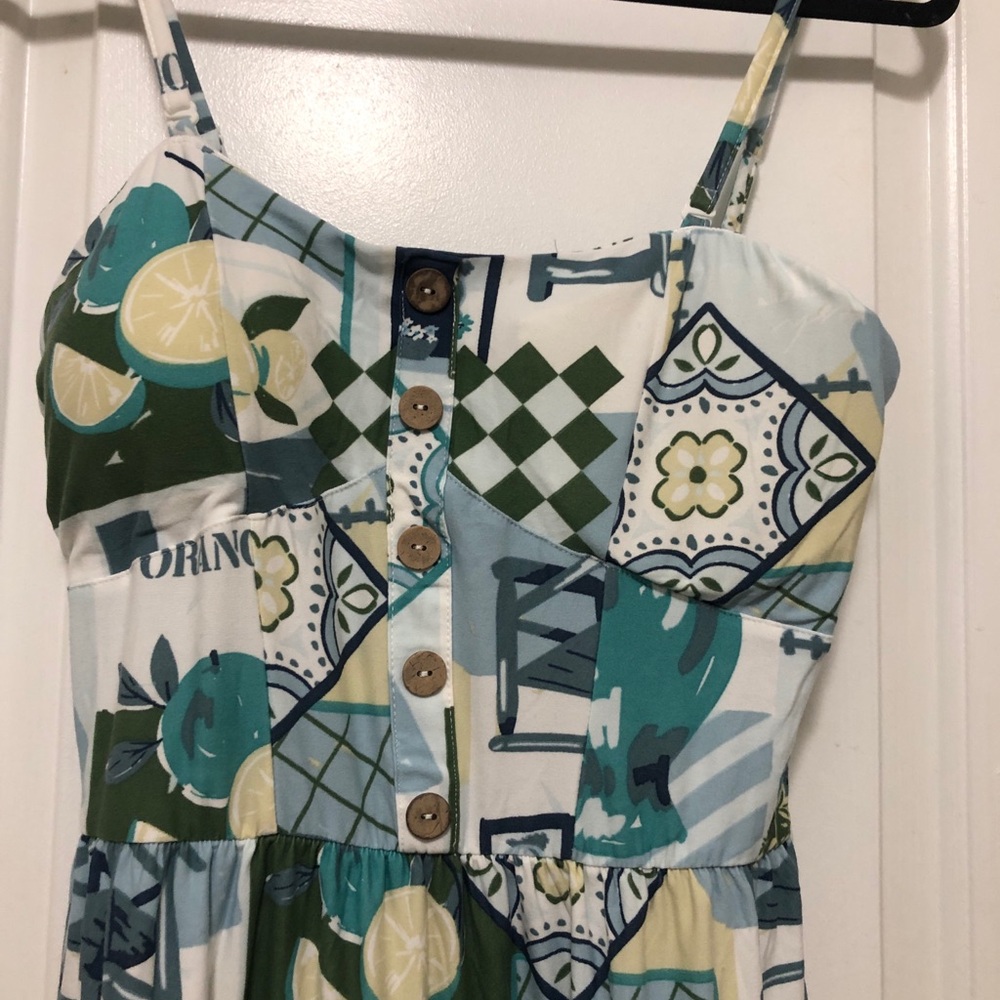 Derek Heart Teal White and Green Printed Sundress with Buttons NWT - Picture 2 of 5